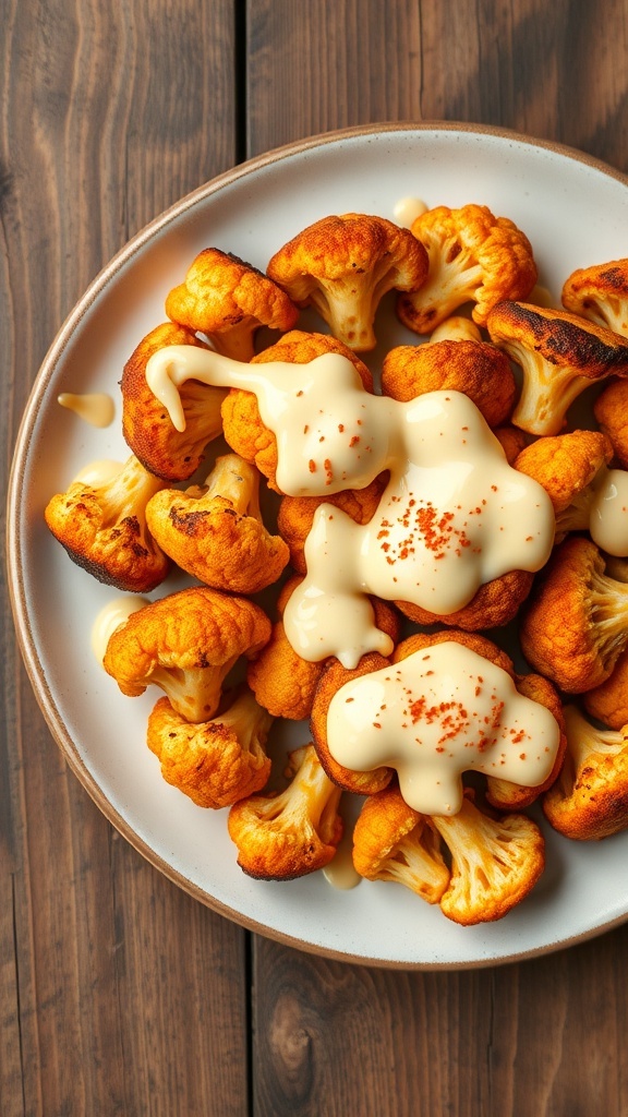 Roasted cauliflower with yum yum sauce on a plate, garnished with paprika.